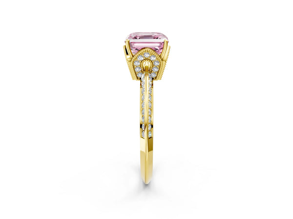 Yellow Gold Asscher Cut Graduated Pave Engagement Ring Setting for Fancy Pink Center