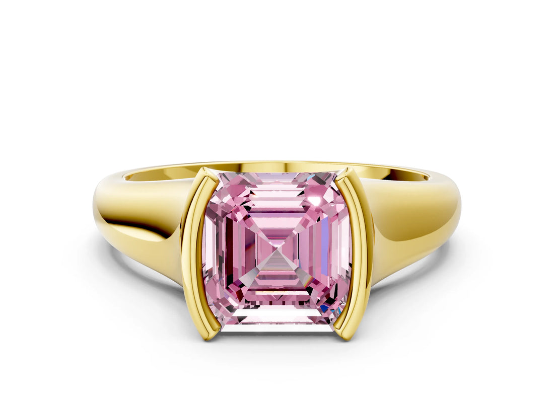 Yellow gold Fancy Pink Asscher Cut Solitaire Tension Set Diamond Ring with Split Shank Band