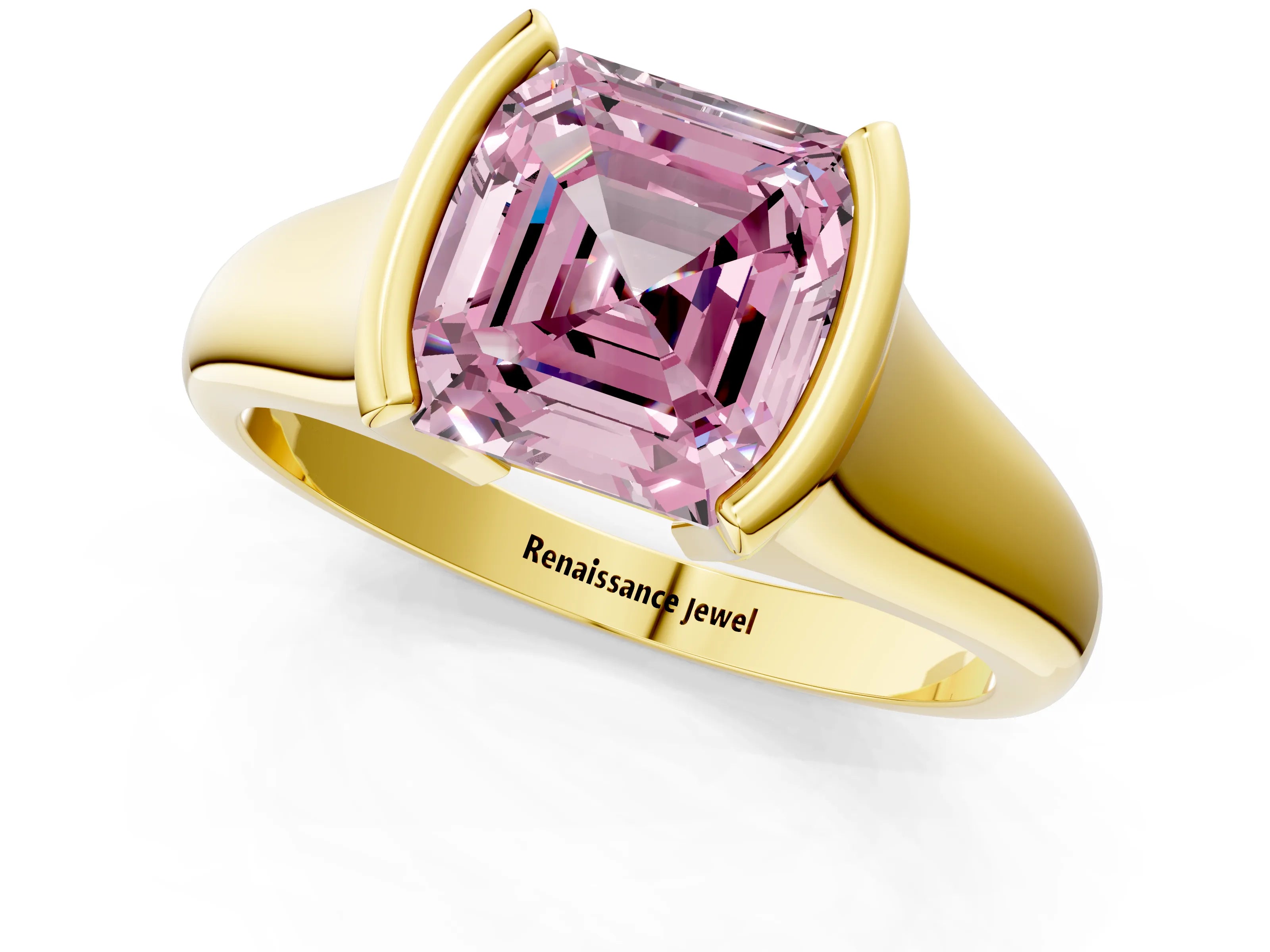 Yellow gold Fancy Pink Asscher Cut Solitaire Tension Set Diamond Ring with Split Shank Band_1