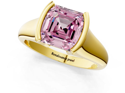Yellow gold Fancy Pink Asscher Cut Solitaire Tension Set Diamond Ring with Split Shank Band_1
