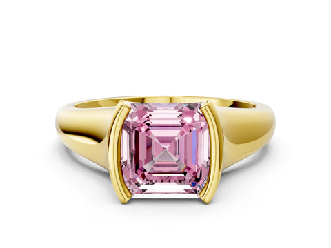 Yellow gold Fancy Pink Asscher Cut Solitaire Tension Set Diamond Ring with Split Shank Band