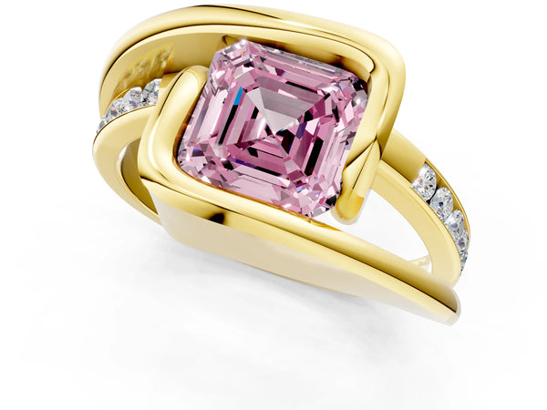Yellow gold Fancy Pink Asscher Cut Solitaire Tension-Set Diamond Split Shank Ring