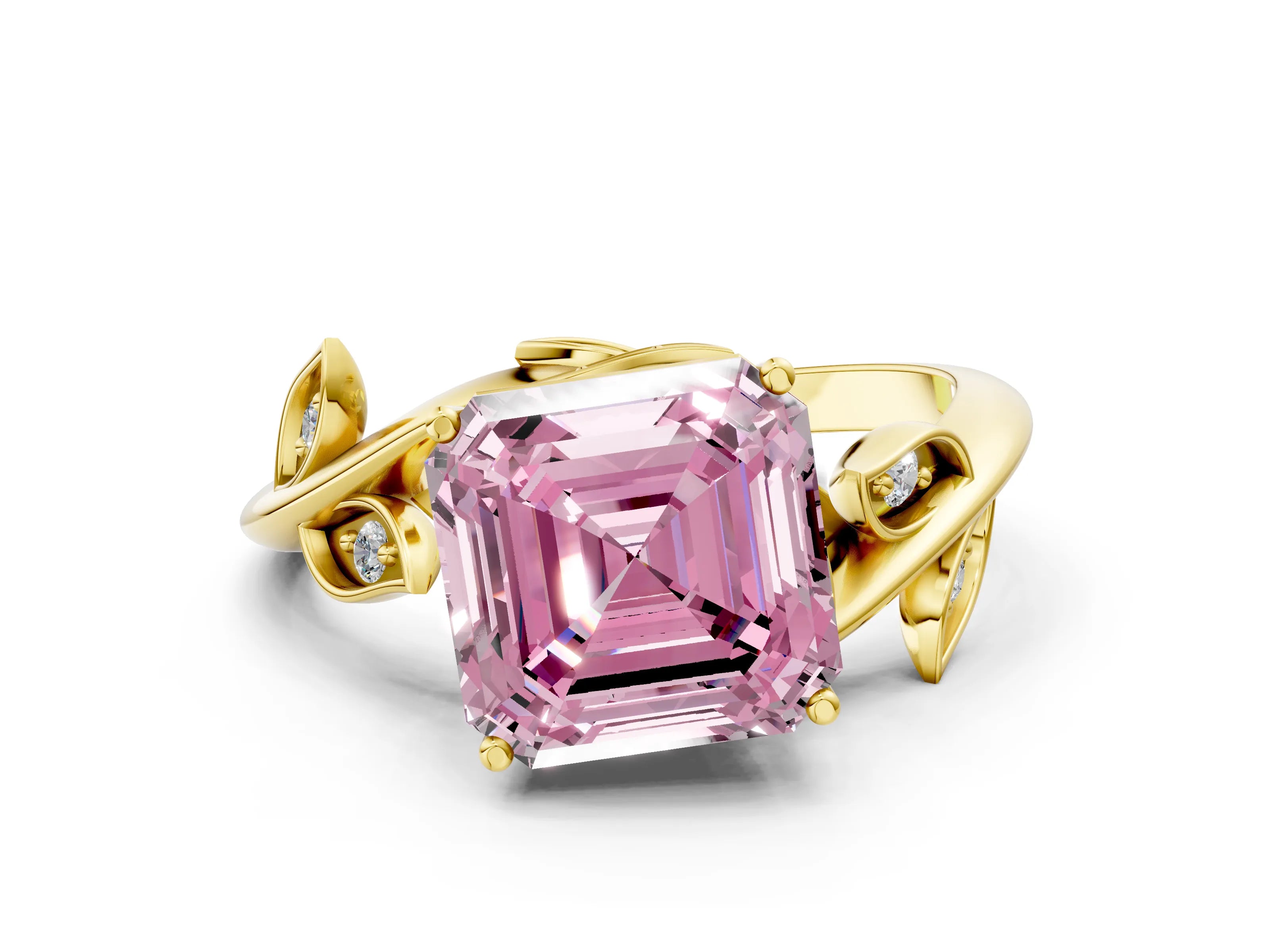 Yellow gold Fancy Pink Asscher Cut Solitaire Twist Engagement Ring with Leaf Accents and Prong Setting_12