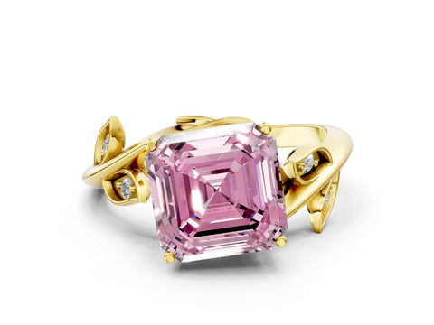 Yellow gold Fancy Pink Asscher Cut Solitaire Twist Engagement Ring with Leaf Accents and Prong Setting_12