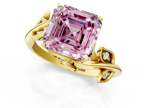 Yellow gold Fancy Pink Asscher Cut Solitaire Twist Engagement Ring with Leaf Accents and Prong Setting_13