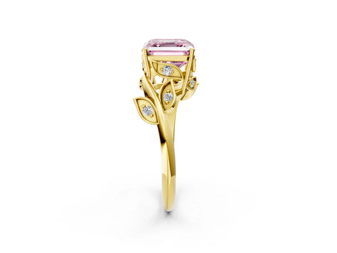 Yellow gold Fancy Pink Asscher Cut Solitaire Twist Engagement Ring with Leaf Accents and Prong Setting_14