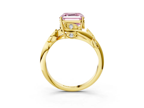 Yellow gold Fancy Pink Asscher Cut Solitaire Twist Engagement Ring with Leaf Accents and Prong Setting_15