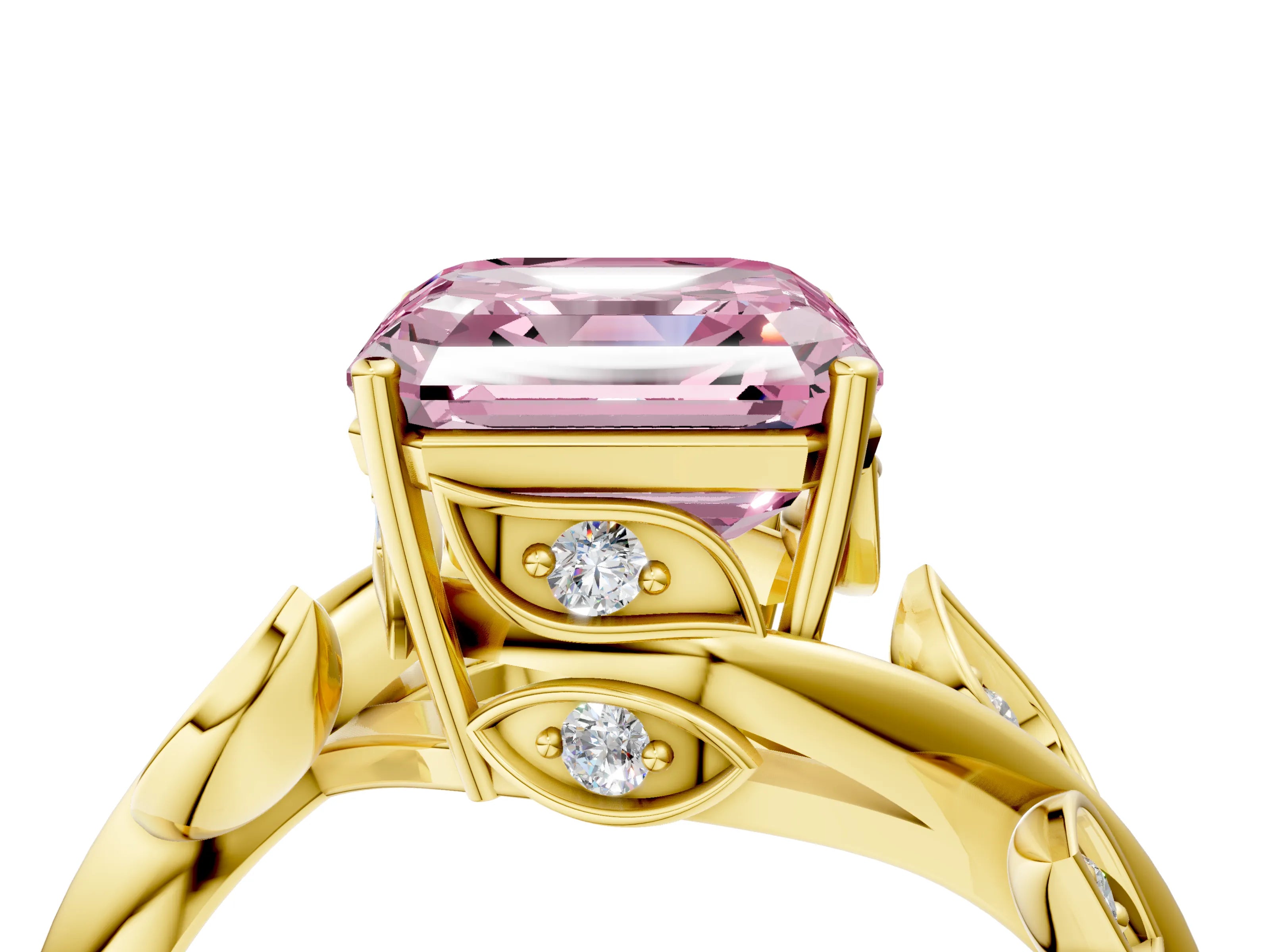 Yellow gold Fancy Pink Asscher Cut Solitaire Twist Engagement Ring with Leaf Accents and Prong Setting_16