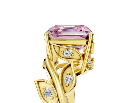 Yellow gold Fancy Pink Asscher Cut Solitaire Twist Engagement Ring with Leaf Accents and Prong Setting_17