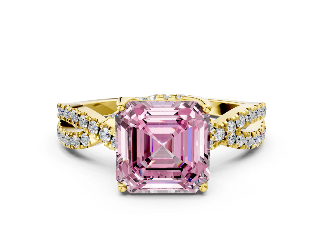 Yellow gold Fancy Pink Asscher Cut Solitaire Twist Pave Diamond Engagement Ring with Prong Setting