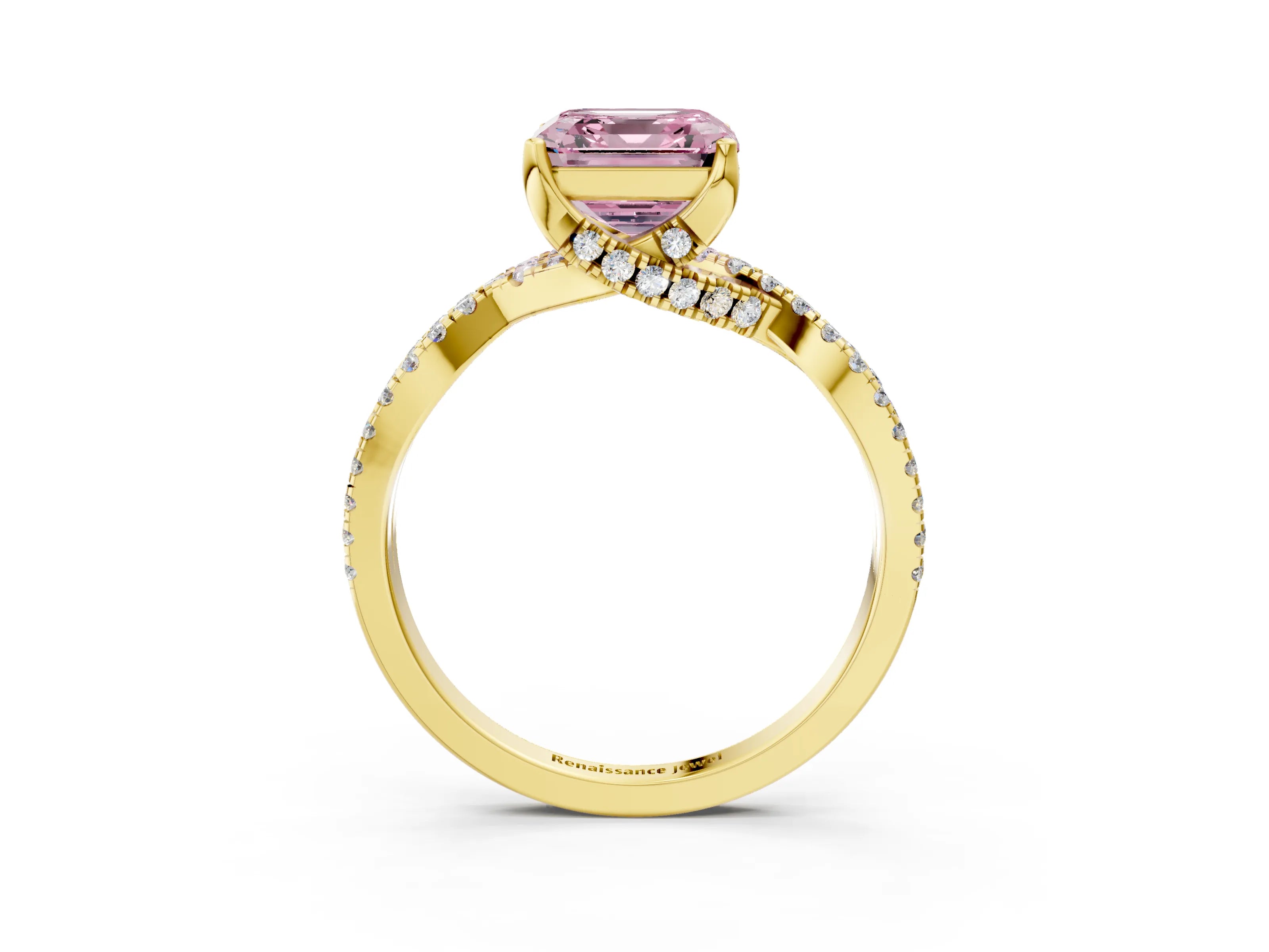 Yellow gold Fancy Pink Asscher Cut Solitaire Twist Pave Diamond Engagement Ring with Prong Setting_3