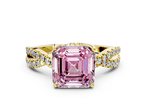 Yellow gold Fancy Pink Asscher Cut Solitaire Twist Pave Diamond Engagement Ring with Prong Setting