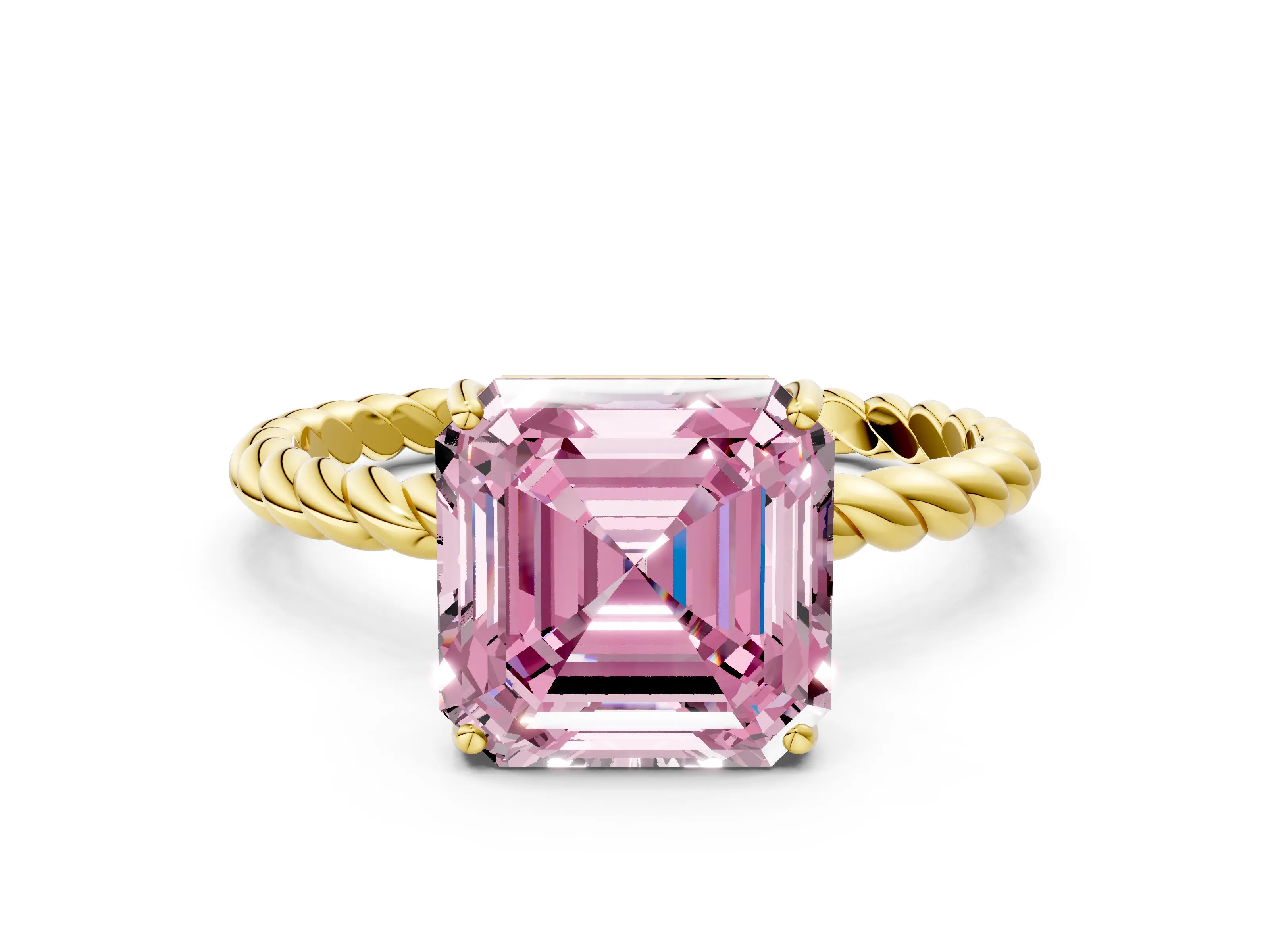 Yellow gold Fancy Pink Asscher Cut Solitaire Twisted Band 4-Prong Ring