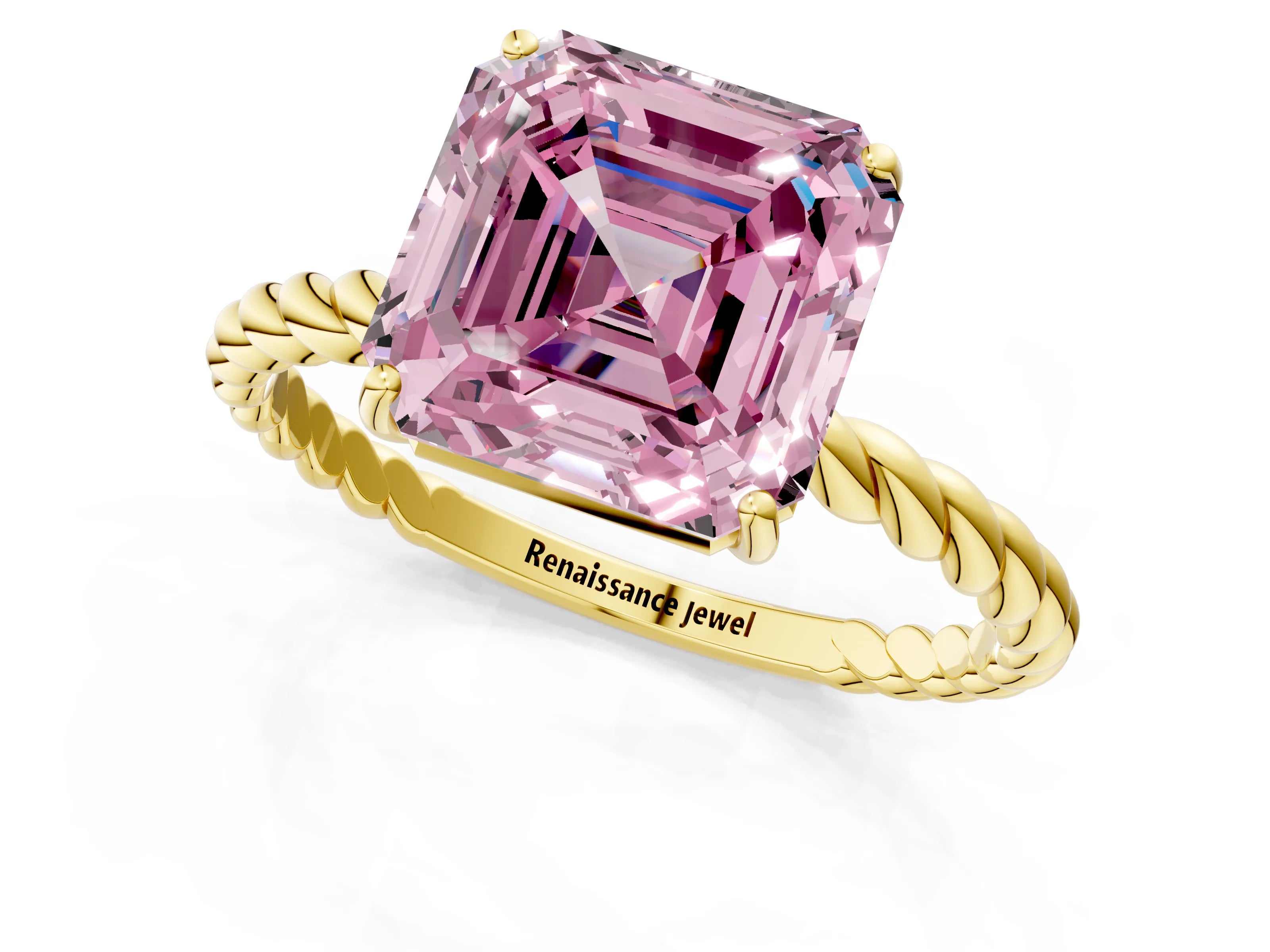 Yellow gold Fancy Pink Asscher Cut Solitaire Twisted Band 4-Prong Ring_1