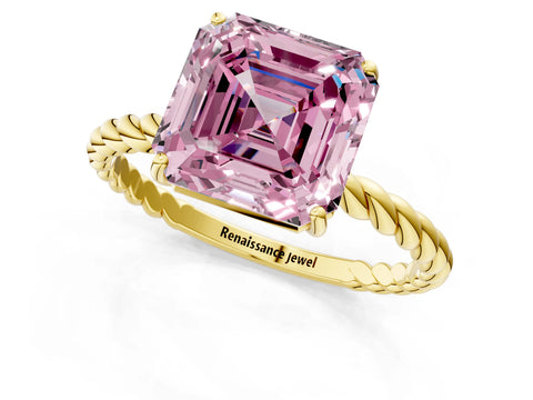 Yellow gold Fancy Pink Asscher Cut Solitaire Twisted Band 4-Prong Ring_1