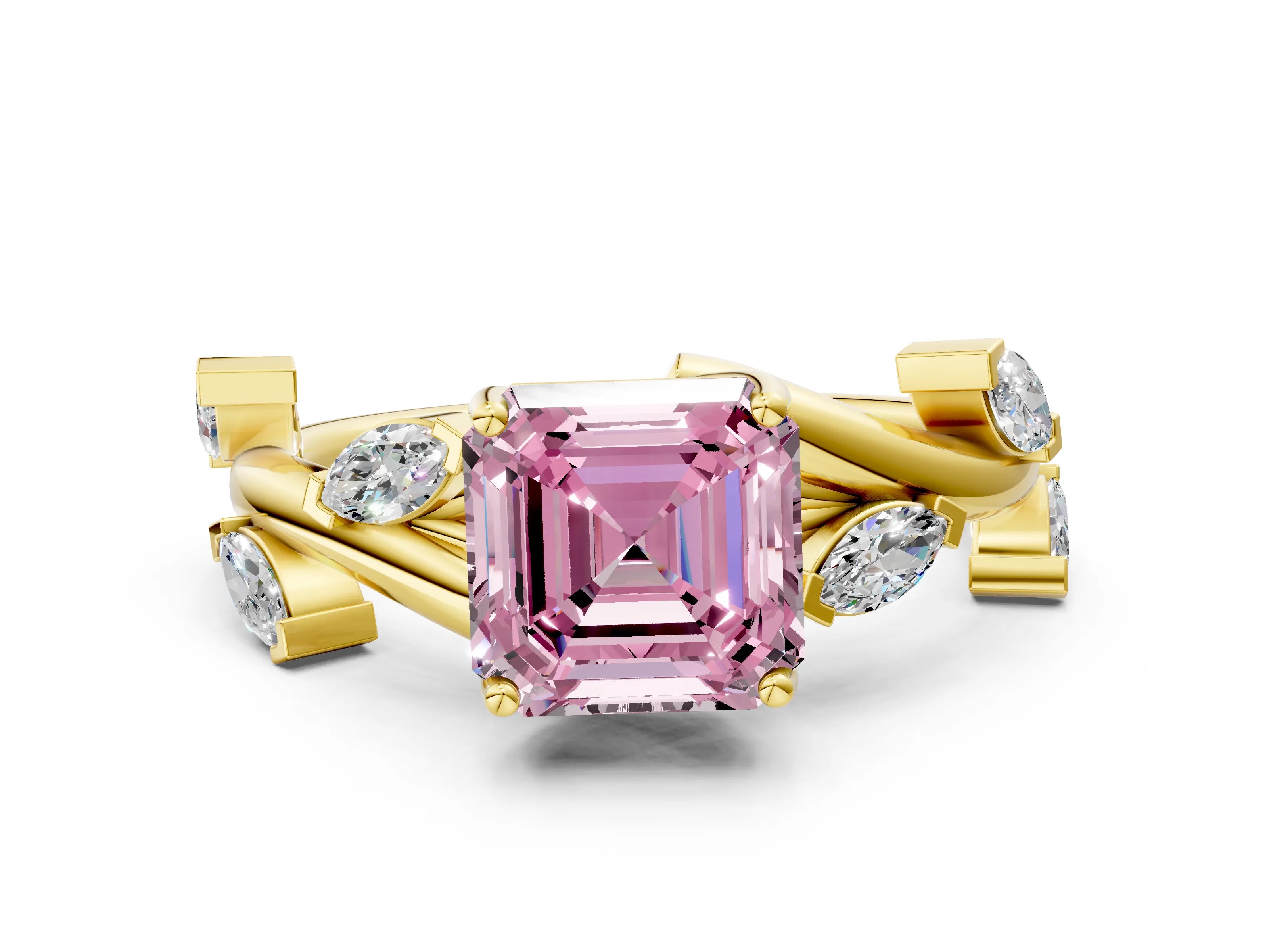Yellow gold Fancy Pink Asscher Cut Solitaire Twisted Band Marquise Accent Prong Setting Ring