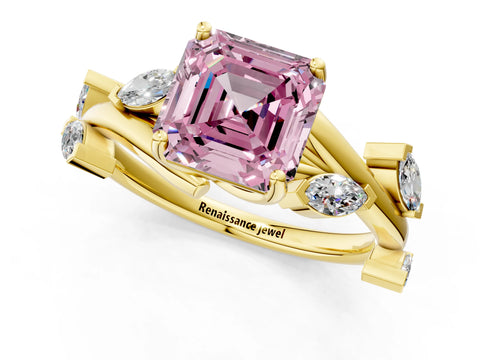 Yellow gold Fancy Pink Asscher Cut Solitaire Twisted Band Marquise Accent Prong Setting Ring_1