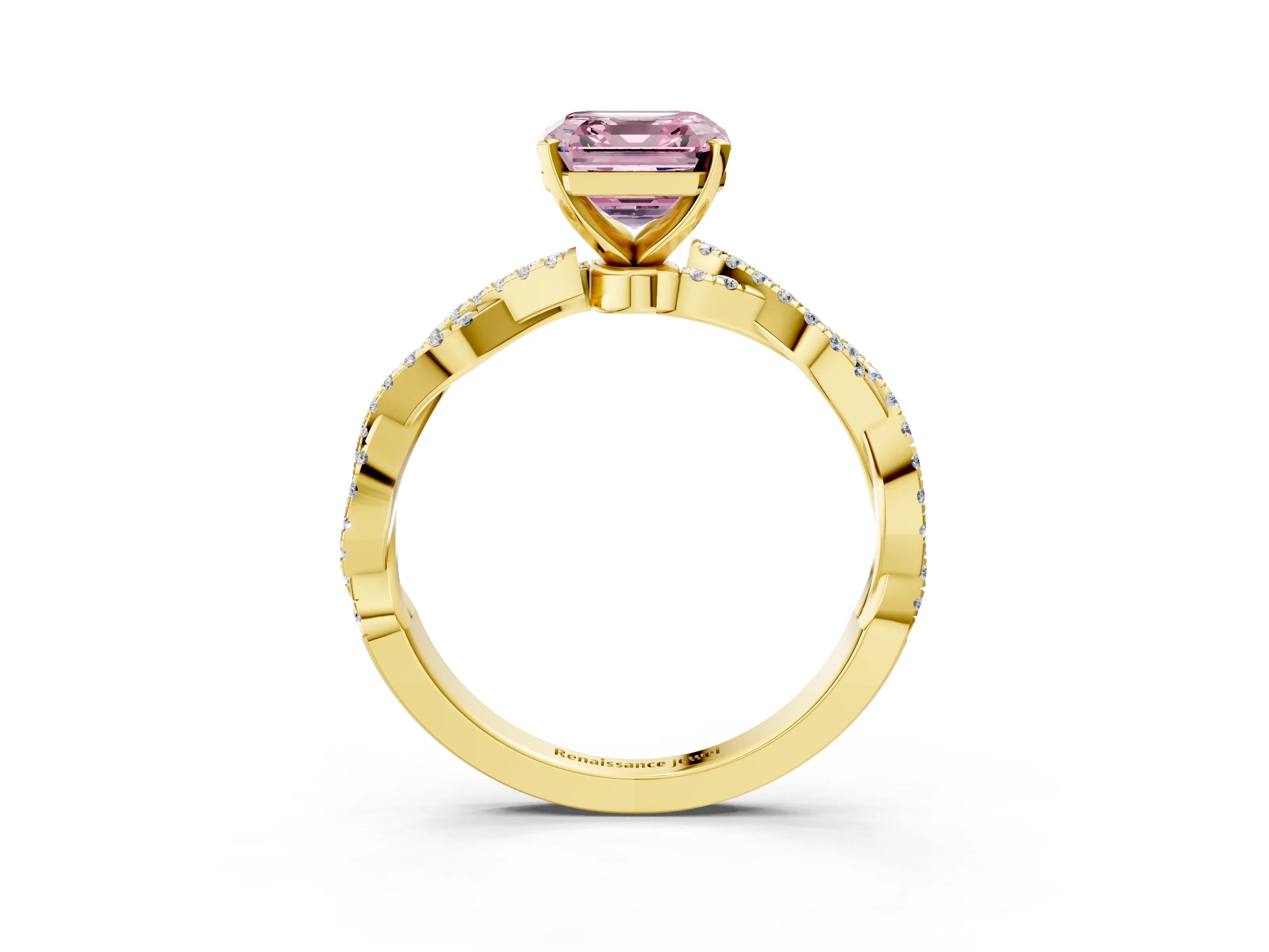 Yellow gold Fancy Pink Asscher Cut Solitaire Twisted Pave Band with Four-Prong Setting_6