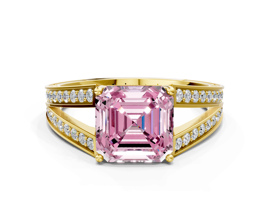 Yellow gold Fancy Pink Asscher  Cut Split Shank Pave Diamond Ring with Four-Prong Setting_18