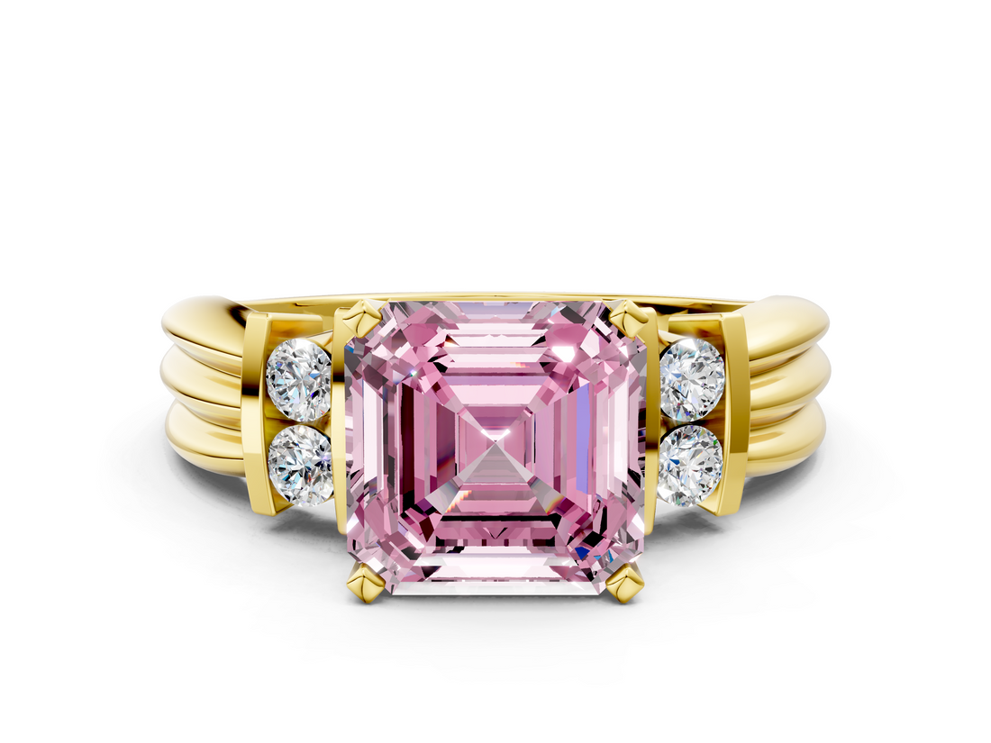 Yellow gold Fancy Pink Asscher  Cut Three-Stone Channel Set Ring with Bar Prongs
