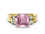 Yellow gold Fancy Pink Asscher  Cut Three-Stone Channel Set Ring with Bar Prongs