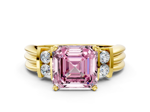 Yellow Gold Asscher Cut Grooved Band Engagement Ring Setting for Fancy Pink Center