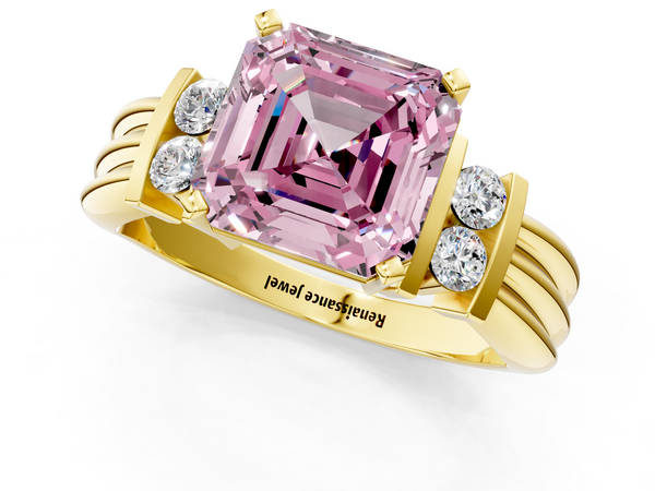 Yellow Gold Asscher Cut Grooved Band Engagement Ring Setting for Fancy Pink Center