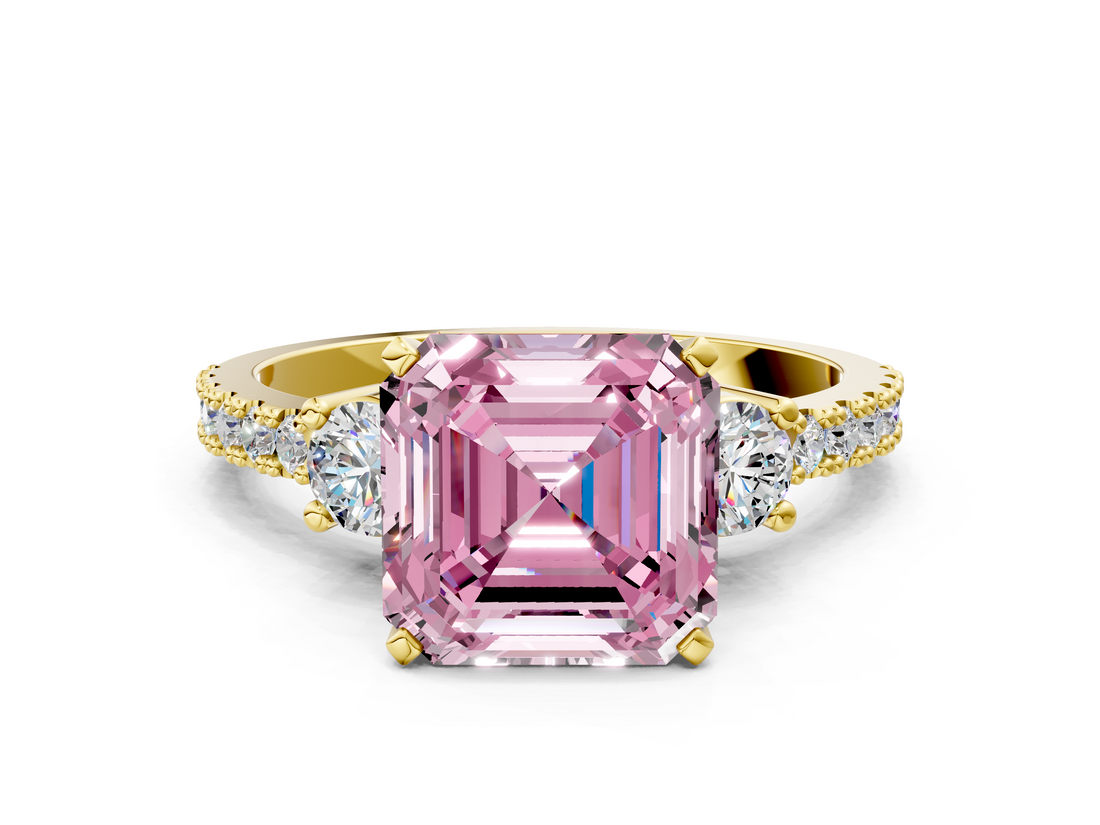 Yellow gold Fancy Pink Asscher  Cut Three-Stone Diamond Pavé Band with Prong Setting_17