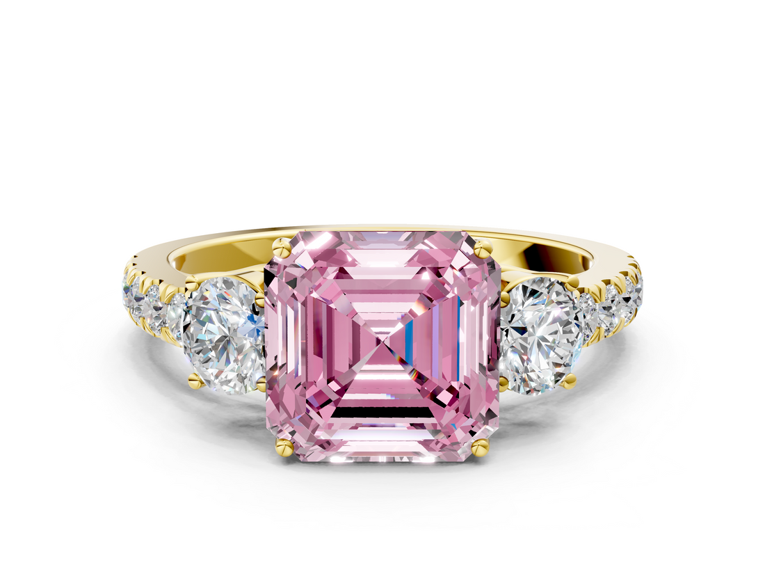 Yellow gold Fancy Pink Asscher  Cut Three-Stone Diamond Pave Band with Prong Setting_51