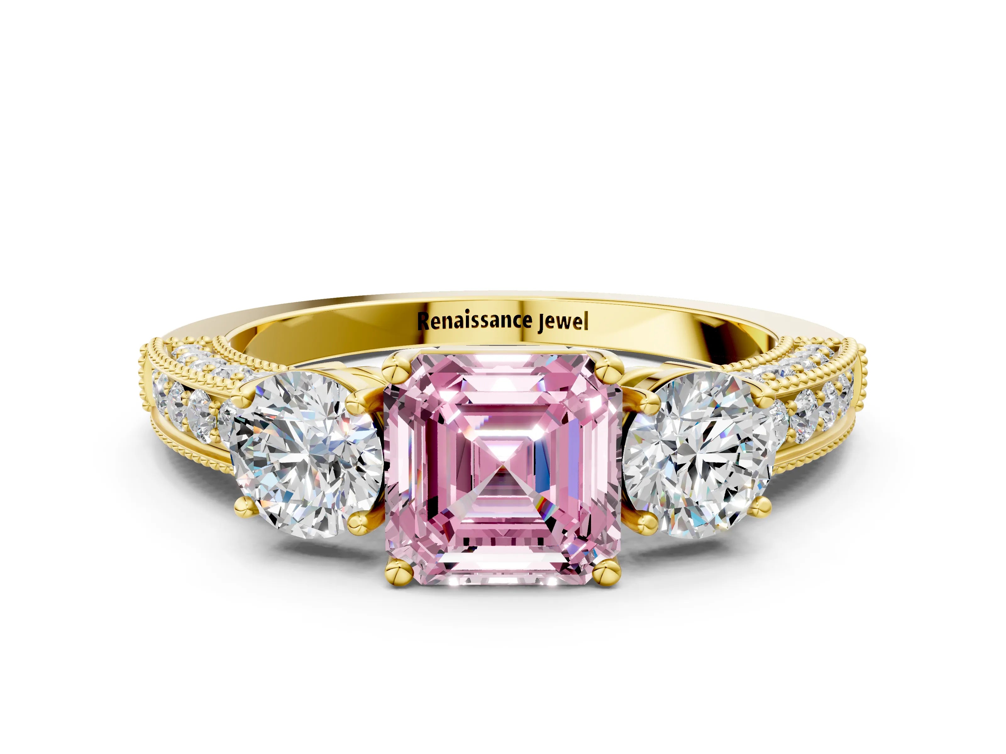 Yellow gold Fancy Pink Asscher Cut Three-Stone Diamond Ring with Pavé Band and Four-Prong Setting