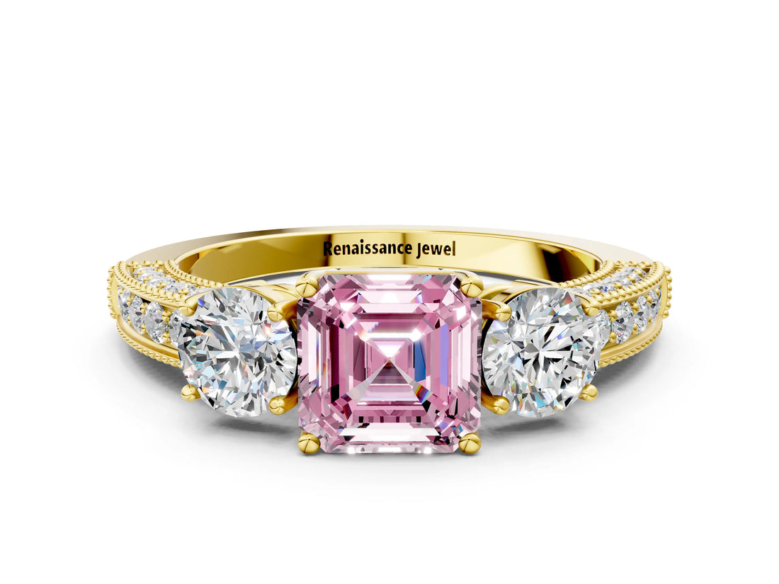 Yellow gold Fancy Pink Asscher Cut Three-Stone Diamond Ring with Pavé Band and Four-Prong Setting