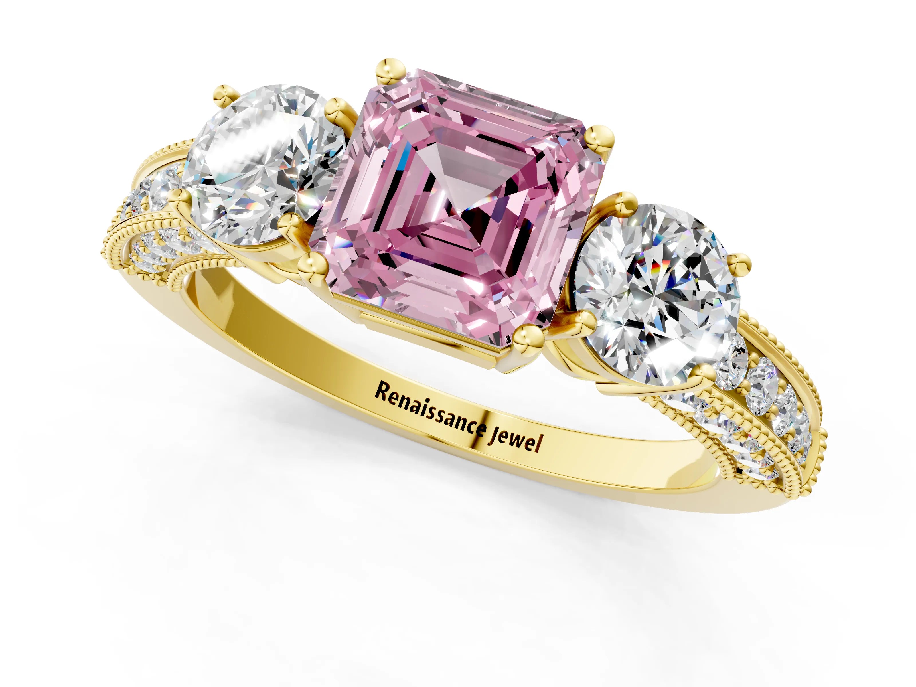 Yellow gold Fancy Pink Asscher Cut Three-Stone Diamond Ring with Pavé Band and Four-Prong Setting_1