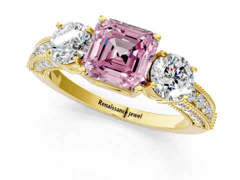 Yellow gold Fancy Pink Asscher Cut Three-Stone Diamond Ring with Pavé Band and Four-Prong Setting_1