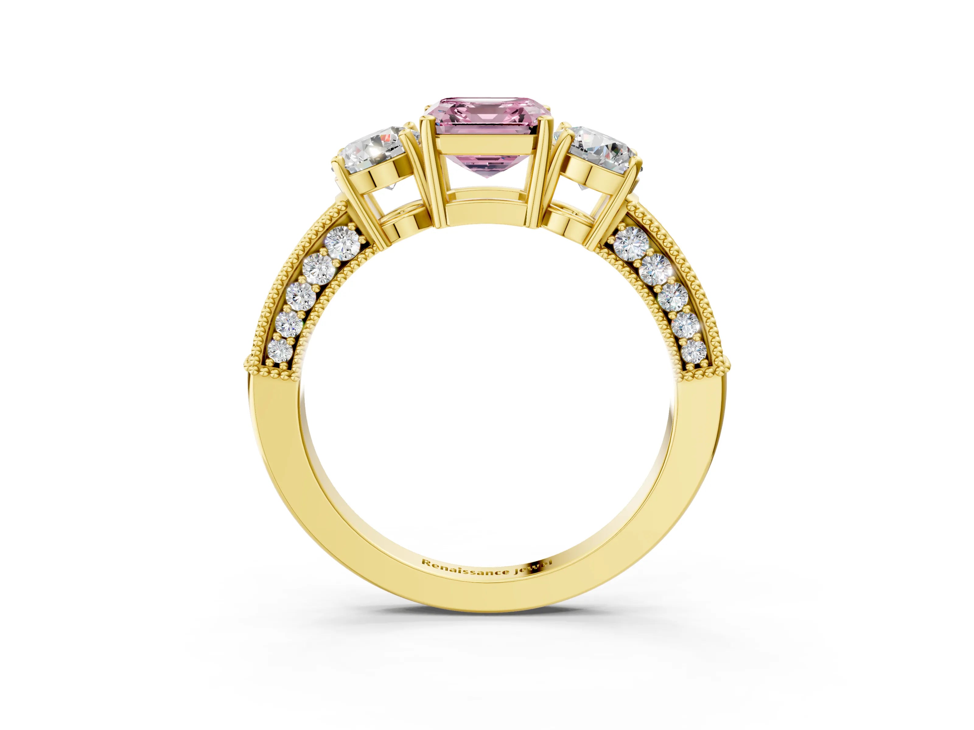 Yellow gold Fancy Pink Asscher Cut Three-Stone Diamond Ring with Pavé Band and Four-Prong Setting_3