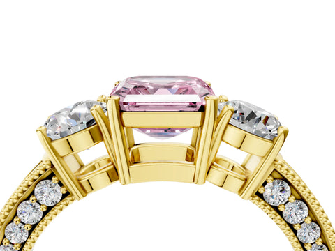 Yellow gold Fancy Pink Asscher Cut Three-Stone Diamond Ring with Pavé Band and Four-Prong Setting_4
