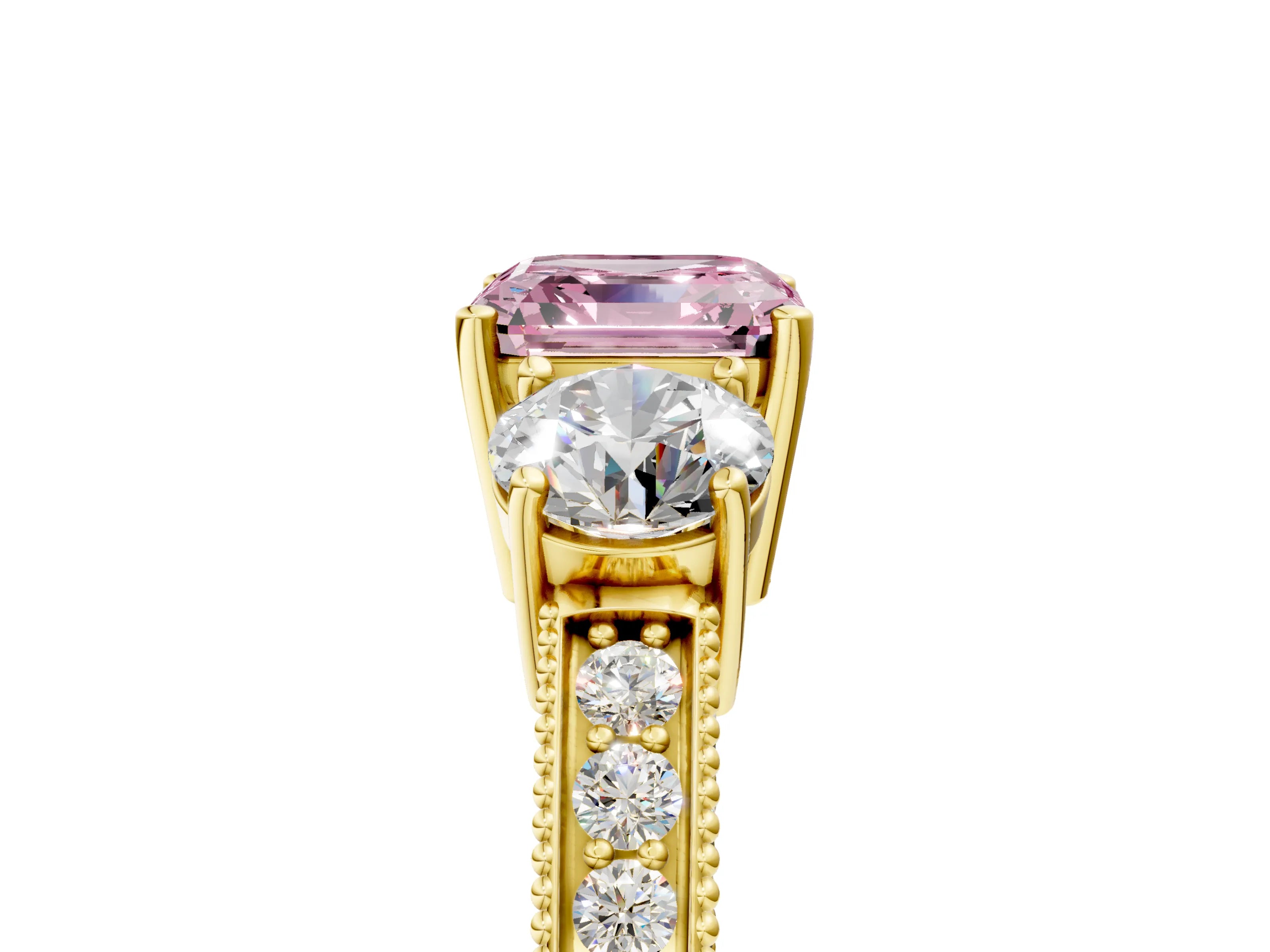 Yellow gold Fancy Pink Asscher Cut Three-Stone Diamond Ring with Pavé Band and Four-Prong Setting_5