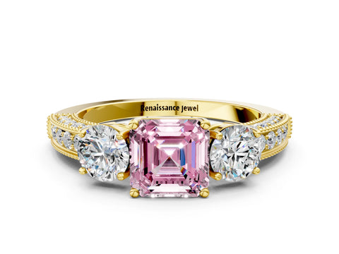 Yellow gold Fancy Pink Asscher Cut Three-Stone Diamond Ring with Pavé Band and Four-Prong Setting