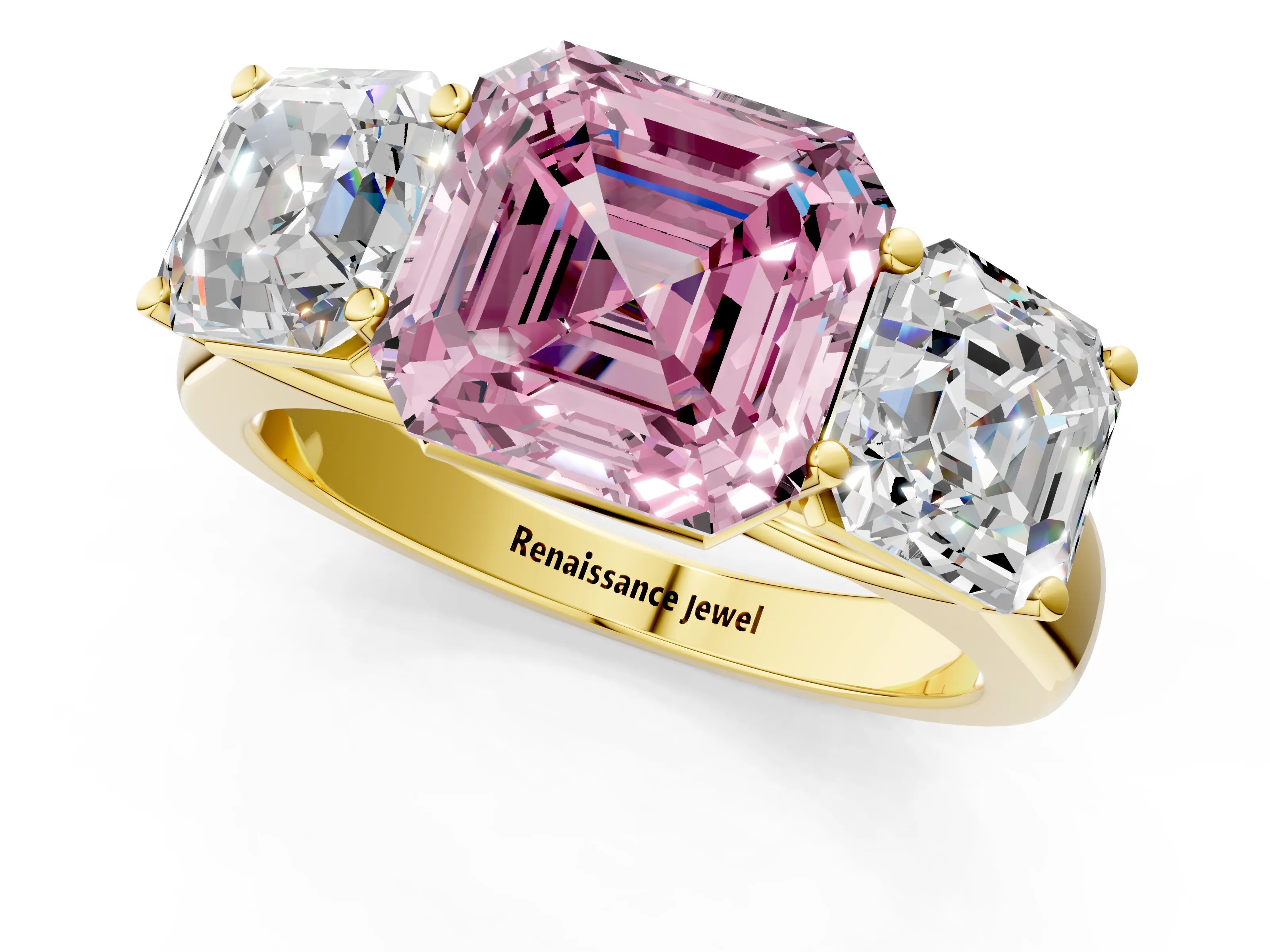 Yellow gold Fancy Pink Asscher Cut Three-Stone Diamond Ring with Prong Setting on a Classic Band_1