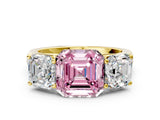 Yellow gold Fancy Pink Asscher Cut Three-Stone Diamond Ring with Prong Setting on a Classic Band_12
