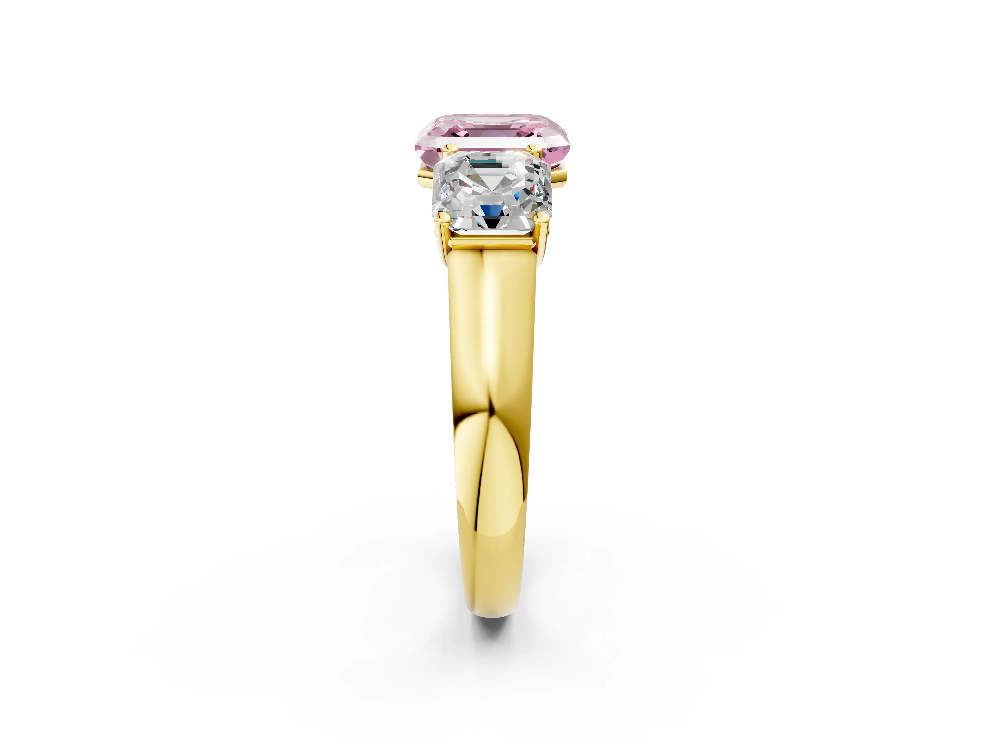 Yellow gold Fancy Pink Asscher Cut Three-Stone Diamond Ring with Prong Setting on a Classic Band_2