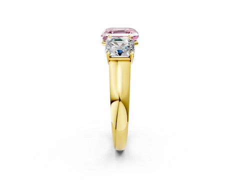 Yellow gold Fancy Pink Asscher Cut Three-Stone Diamond Ring with Prong Setting on a Classic Band_2