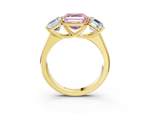 Yellow gold Fancy Pink Asscher Cut Three-Stone Diamond Ring with Prong Setting on a Classic Band_3