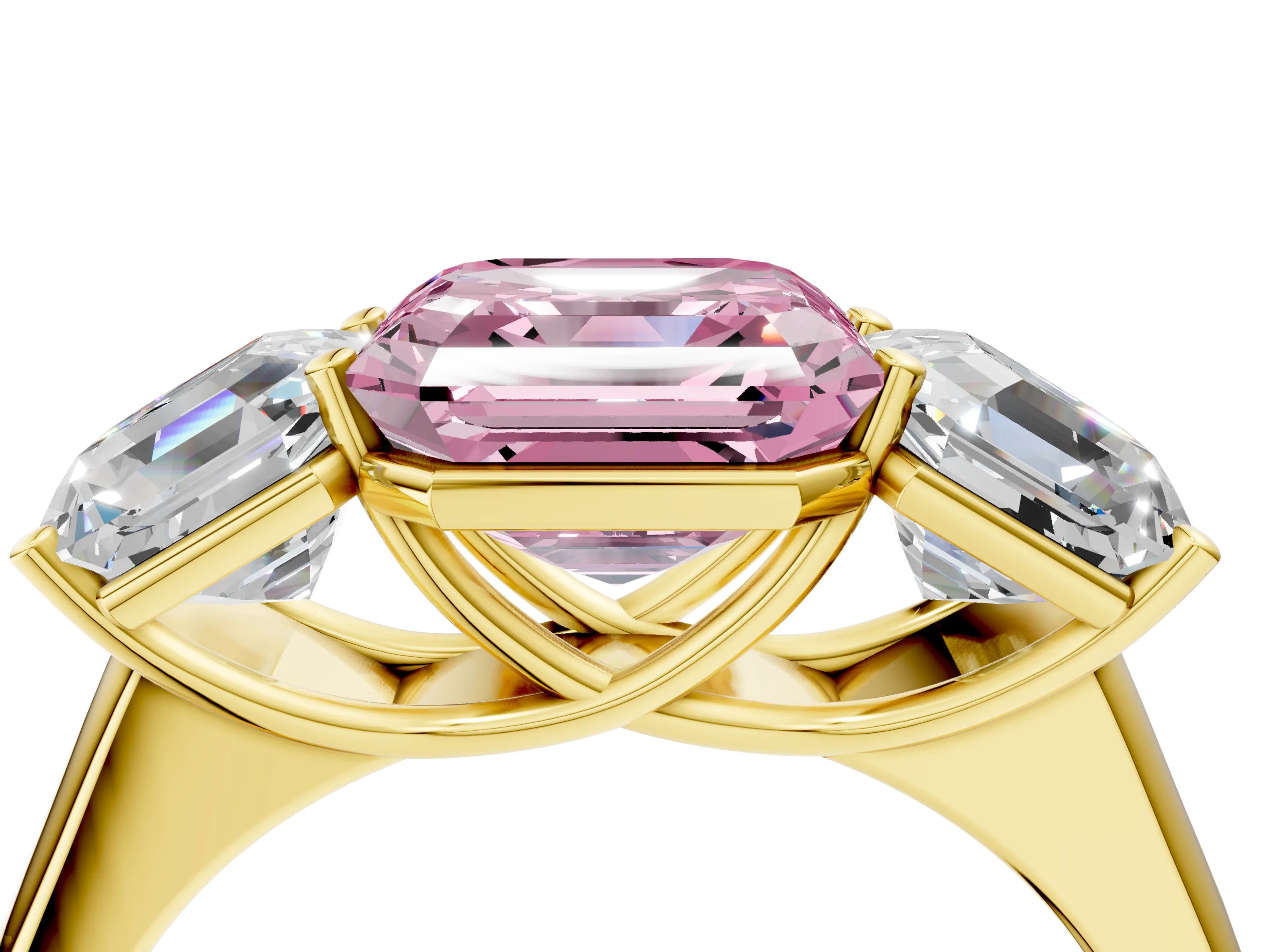 Yellow gold Fancy Pink Asscher Cut Three-Stone Diamond Ring with Prong Setting on a Classic Band_4