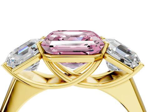 Yellow gold Fancy Pink Asscher Cut Three-Stone Diamond Ring with Prong Setting on a Classic Band_4