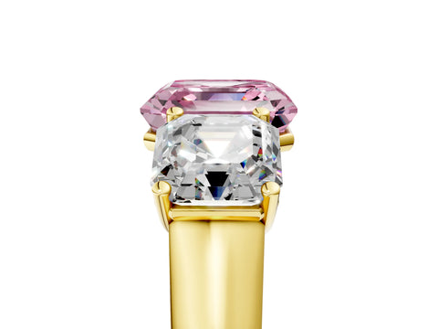 Yellow gold Fancy Pink Asscher Cut Three-Stone Diamond Ring with Prong Setting on a Classic Band_5