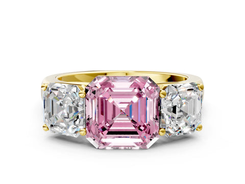 Yellow gold Fancy Pink Asscher Cut Three-Stone Diamond Ring with Prong Setting on a Classic Band