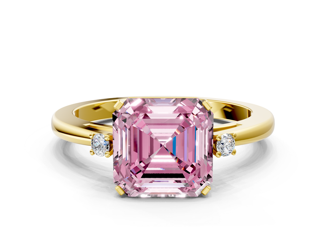 Yellow gold Fancy Pink Asscher  Cut Three-Stone Solitaire Ring with Round Accent Diamonds and Four-Prong Setting_37