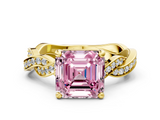 Yellow gold Fancy Pink Asscher  Cut Twisted Pavé Band Solitaire Ring with Four-Prong Setting