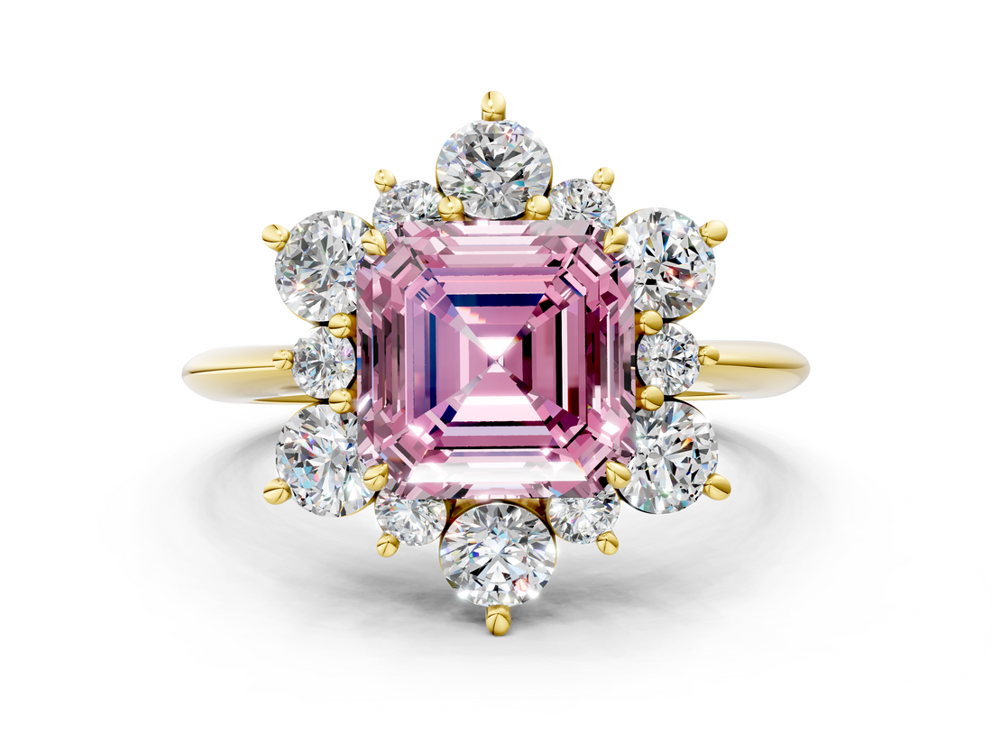 Yellow gold Fancy Pink Asscher  Diamond Cluster Halo Ring with Solitaire Band and Four-Prong Setting