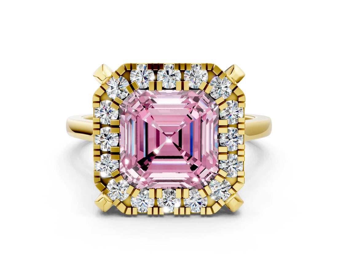 Yellow gold Fancy Pink Asscher  Diamond Cluster Halo Solitaire with Four-Prong Setting_128
